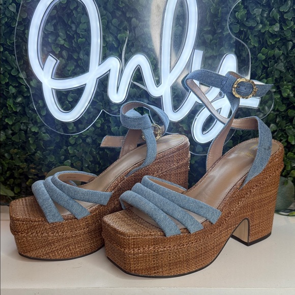Sam Edelman Denim Blue and Brown Wedges - Picture 1 of 6